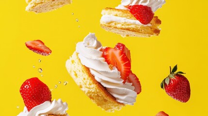 Sweet, layered desserts with fresh strawberries in mid-air.