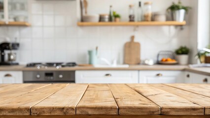 Clean wooden table in front of blurred kitchen background with copy space.