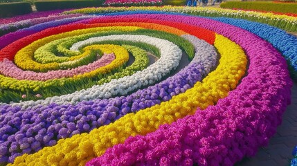 Close-up view of colorful blossoms in a well-tended flower garden surrounded by lush green hedges