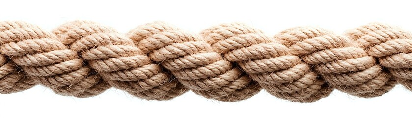 Twisted natural jute rope in spiral pattern isolated on white background, showing detailed fiber texture and braided structure for marine and craft designs.