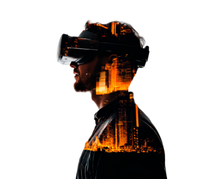A silhouette of a person wearing a virtual reality headset isolated on transparent background