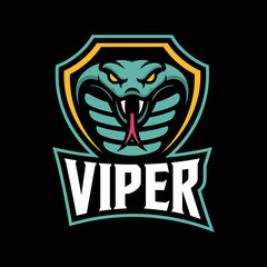 Aggressive Viper or Snake Head Esport Gaming Mascot Logo Illustration with Shield