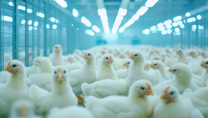 Many white chickens are gathered in modern poultry farm, showcasing clean and organized environment. atmosphere is calm and serene