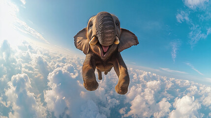 Adorable baby elephant freefalling through sky above fluffy white clouds joyful expression floppy ears extended playful moment captured midair in bright blue daylight adventure fantasy scene