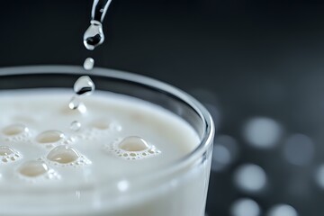 Fresh milk pouring into glass creating bubbles and drops on creamy white surface against dark background, macro shot with selective focus.