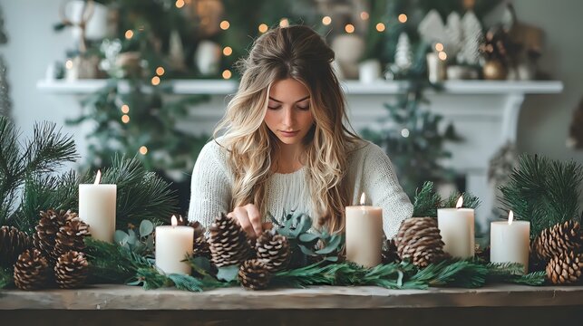 Young woman with long blonde hair in white sweater decorating Christmas table with pine cones, evergreen branches and white candles against blurred festive background.