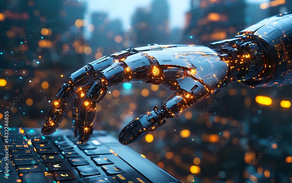 Aufkleber robotic hand typing on keyboard with glowing orange and blue particles, dramatic lighting creates fu