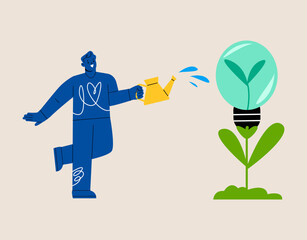 Environmental care concept. Man watering seedling sprout growing inside green lightbulb idea. Colorful vector illustration