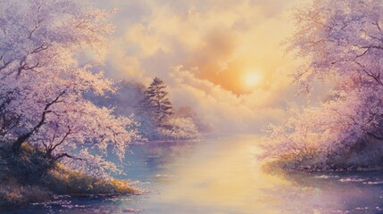 Naklejka premium Peaceful spring morning in a blossoming cherry orchard.