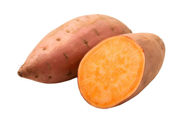 Fresh sweet potato whole and halved isolated on transparent background