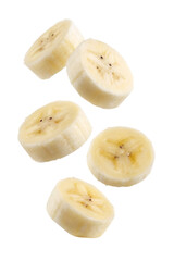 Falling banana slice, peeled fruit isolated on transparent background