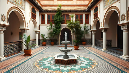 Obraz premium Elegant Courtyard with Ornate Architecture and Central Fountain Surrounded by Lush Greenery