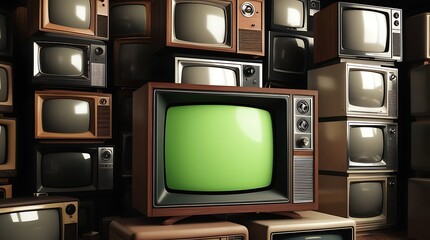 Stack of vintage CRT televisions with blank screens arranged in a dark retro setting, showcasing nostalgia, old technology, and the aesthetic of analog media history


