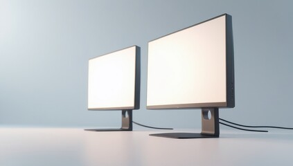 Two Modern Computer Monitors with Blank Screens on a Desk