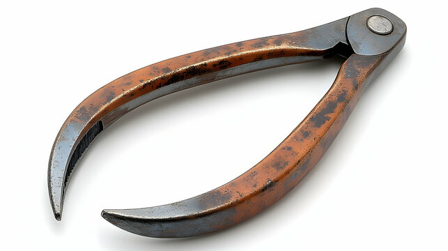 Worn metal pliers with rust patina, curved jaws, and central piv