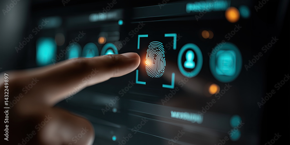 Poster hand is pointing at digital screen with biometric fingerprint scanning technology