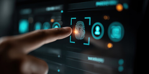 Fototapeta premium hand is pointing at digital screen with biometric fingerprint scanning technology