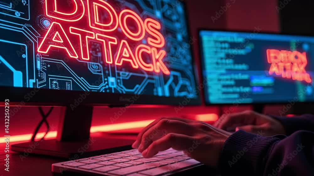 Aufkleber cybersecurity concept with ddos attack warning highlighting computer screen, hands on keyboard in da