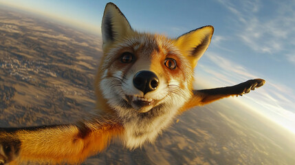 Funny red fox floating through sky snapping selfie midair above landscape with wide grin excited eyes blue clouds wild jump caught from fisheye angle high altitude humorous flying action closeup