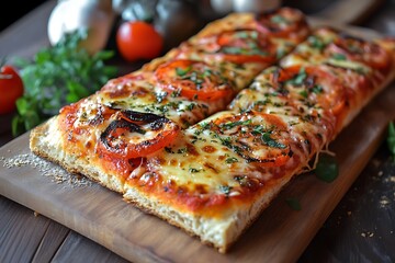 Appetizing Tomato Pizza Slices with Mozzarella Cheese and Basil on a Rustic Tray