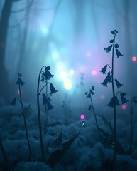 Fototapeta premium beautiful bluebells flower on the icy background, created by generative ai
