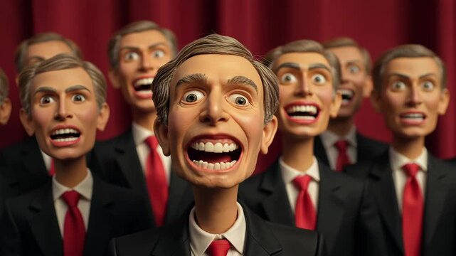 Lively group of animated figures with cheerful expressions and formal suits performing in front of a bright colored backdrop, showcasing vibrant emotions and energy