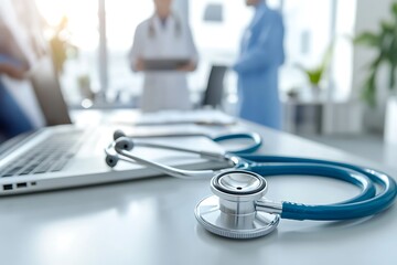Closeup of Stethoscope and Laptop on White Desk with Doctors in Background