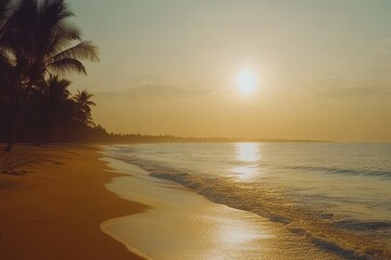 Golden sunrise over a tropical beach.
