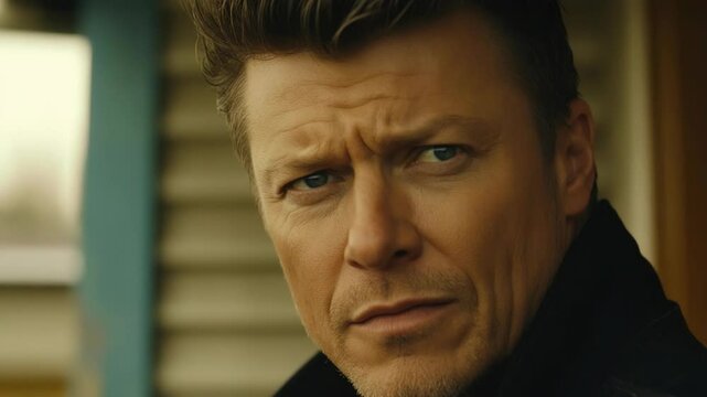 Close up portrait of a serious looking man with blue eyes and furrowed brow in natural daylight, wearing a dark coat