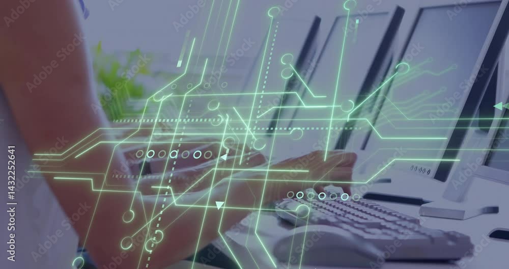 Poster hands and forearms typing on keyboard as green circuit graphics overlaying modern office workspace