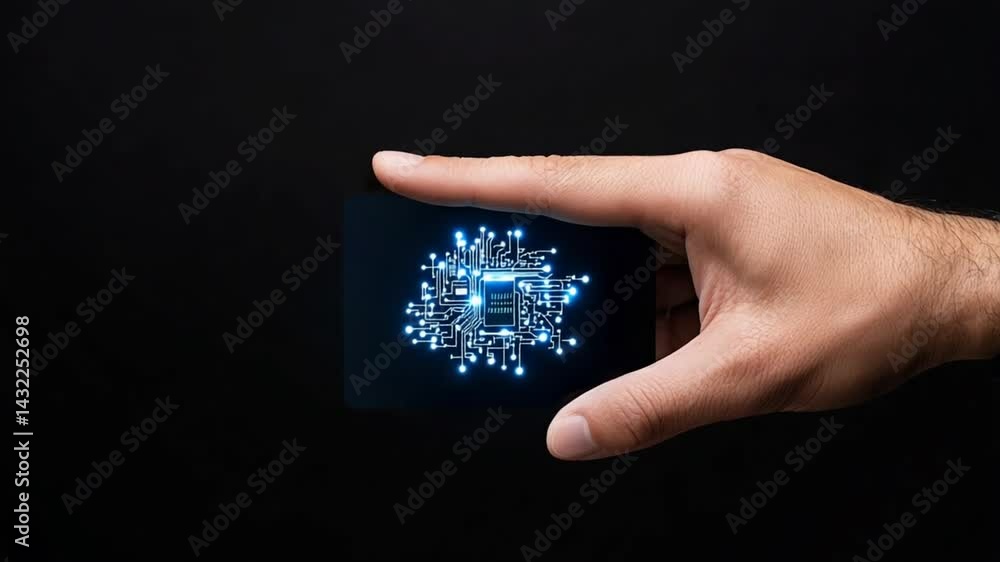 Poster hand holding a circuit board with illuminated microchip on dark background for technology and innova