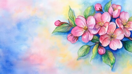 Fototapeta premium Watercolor illustration of a blossoming apple tree branch.