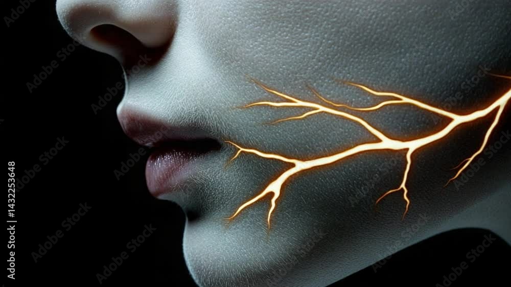 Aufkleber artistic portrait of a woman with abstract lightning design on face illuminating features and enhanc