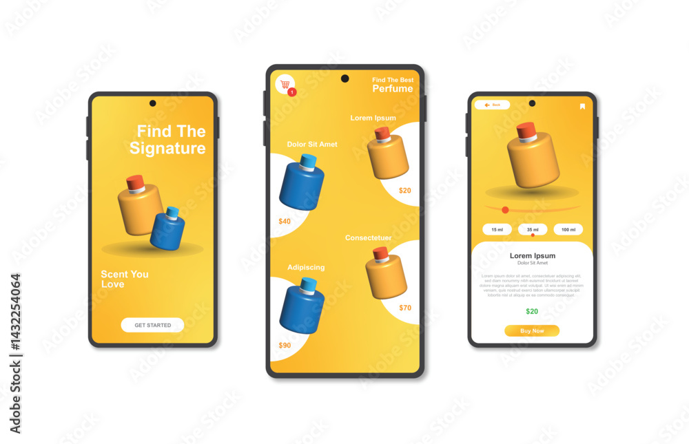 Poster application for buying perfume. collection of online perfume shop interface templates. responsive gu