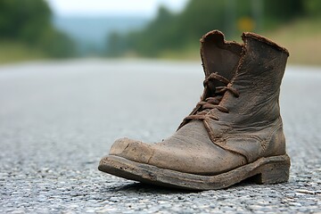 Worn leather boot abandoned on asphalt road, symbolizing journey's end