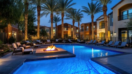 Desert resort pool at twilight, fire pit, palm trees