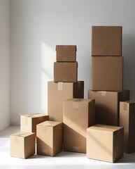 Stack of cardboard boxes in various sizes arranged on a white surface in natural light, ideal for shipping, packaging, moving, storage, and delivery logistics visuals

