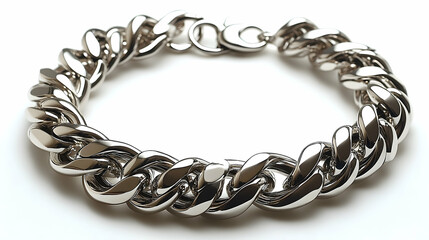 Fototapeta premium Gleaming Silver Curb Chain Bracelet on White Background, Studio
