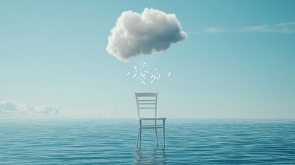 A solitary chair afloat on tranquil water, beneath a fluffy cloud.