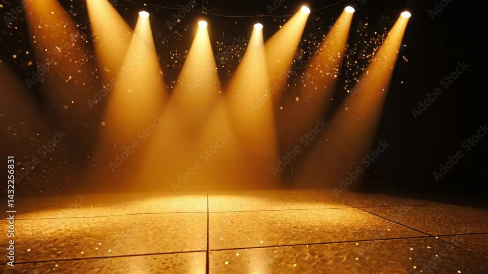 Poster bright golden stage lights illuminating empty performance space with sparkling particles in dramatic