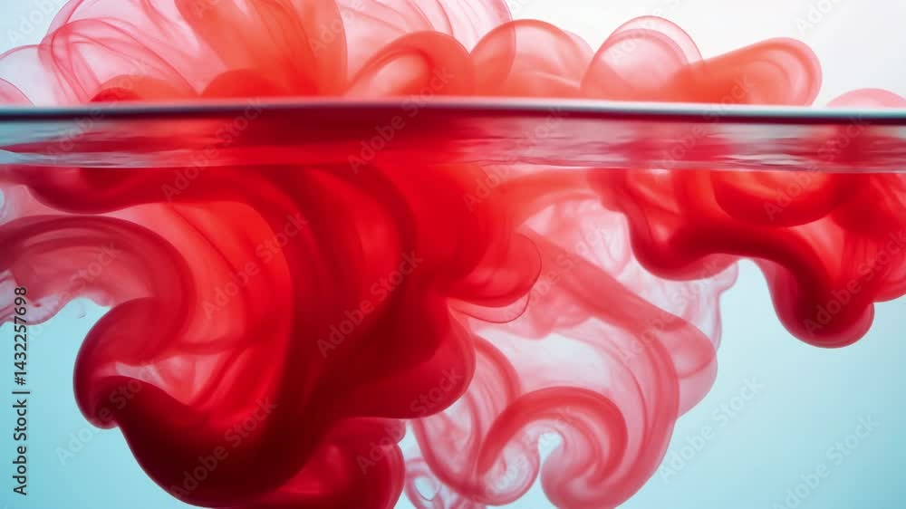 Poster vivid red ink swirling in water with abstract patterns and ethereal flow creating dramatic visuals f
