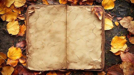 Open Antique Book with Blank Pages and Autumn Leaves, Top View, Vintage Aesthetic