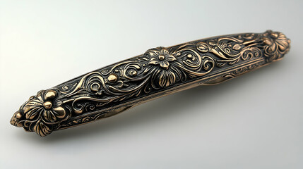 Ornate Bronze Pocket Knife with Floral Engravings on White Backg