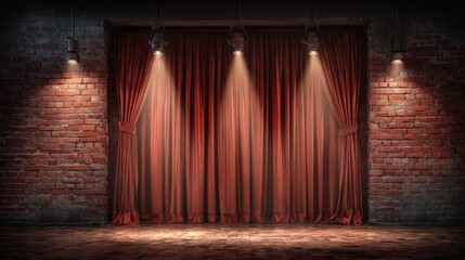Fototapeta premium A dimly lit stage with red curtains and exposed brick walls, creating an atmosphere of anticipation and creativity.