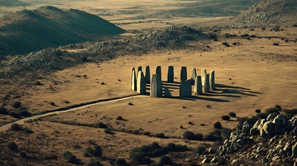 Aerial view of a stone circle in a vast landscape, suggesting ancient rituals or gatherings.