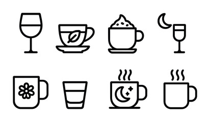 Drink and beverage icons set &ndash; outline style coffee, tea, and wine symbols for refreshments: wine glass, teacup, coffee mug, cocktail, espresso cup, milk glass, moon mug, flower mug