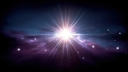 A radiant burst of light emerges from a cosmic backdrop, filled with stars and nebulae, creating a stunning celestial scene.