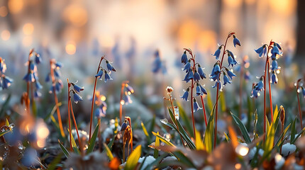 beautiful bluebells flower on the icy background, created by generative ai