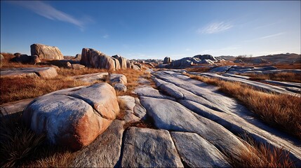 A rocky landscape with scattered boulders and dry grass under a clear blue sky.