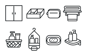 Bathroom essentials line icons set – modern style hygiene, organization, and decor symbols: cabinet, drawer organizer, towel rack, soap dish, shampoo bottles